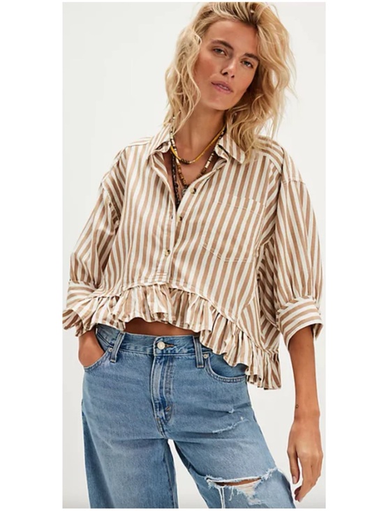 Free People Tops - FREE PEOPLE Women’s Size S Striped Bailey Ruffle Hem Button-Up Cropped Shirt